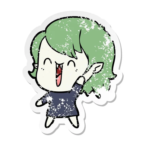 Distressed Sticker Cute Cartoon Happy Vampire Girl — Stock Vector
