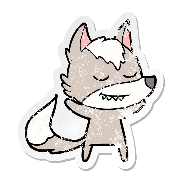 Verontruste sticker van een vriendelijke cartoon wolf — Stockvector