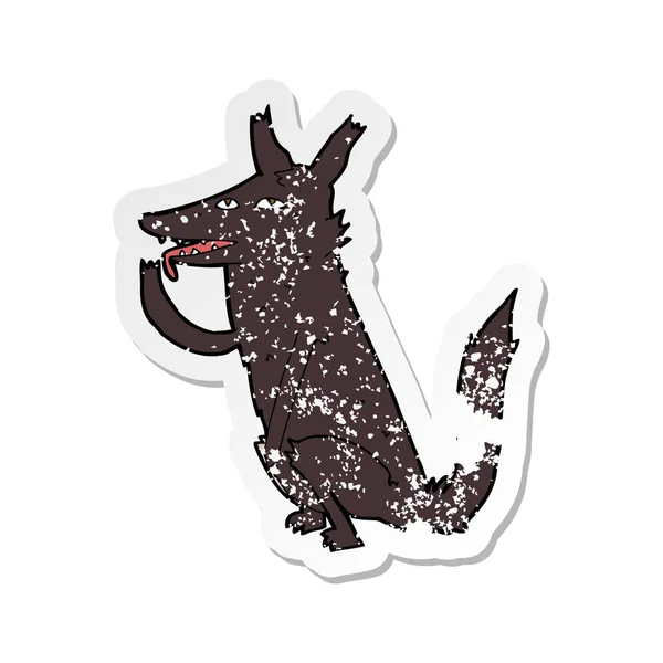 Retro Distressed Sticker Cartoon Wolf Licking Paw — Stock Vector