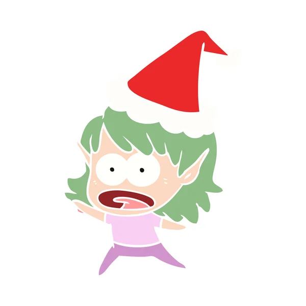 Hand Drawn Flat Color Illustration Shocked Elf Girl Wearing Santa — Stock Vector