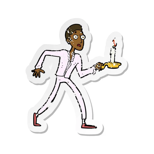 Retro Distressed Sticker Cartoon Frightened Man Walking Candlestick — Stock Vector