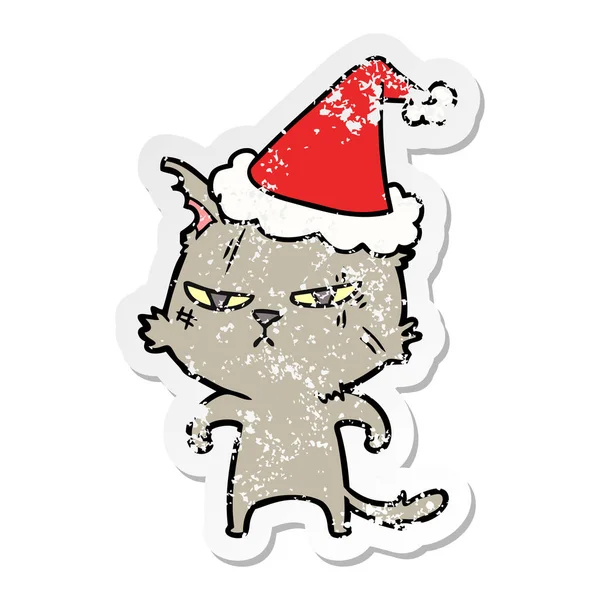 Tough Hand Drawn Distressed Sticker Cartoon Cat Wearing Santa Hat — Stock Vector