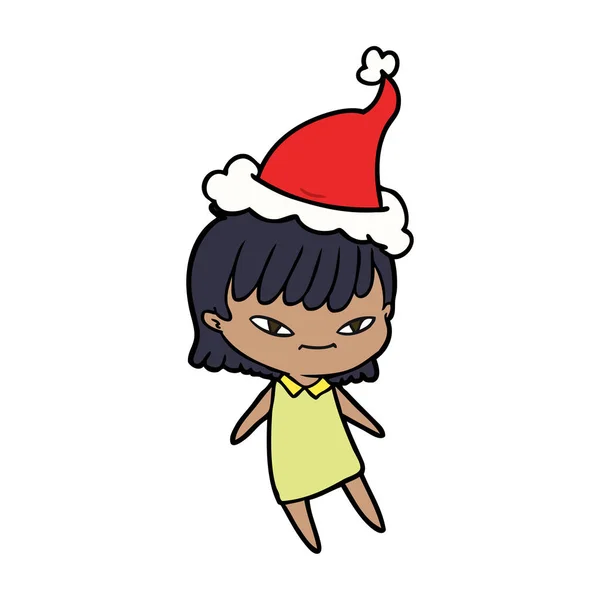 Dessin au trait d'une femme portant un chapeau de Père Noël — Image vectorielle