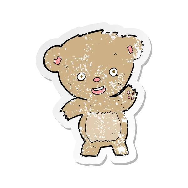Adesivo Angustiado Retro Urso Pelúcia Acenando Desenhos Animados — Vetor de Stock