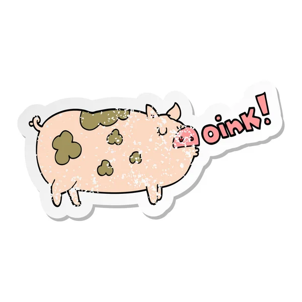 Verontruste sticker van een cartoon oinking varken — Stockvector