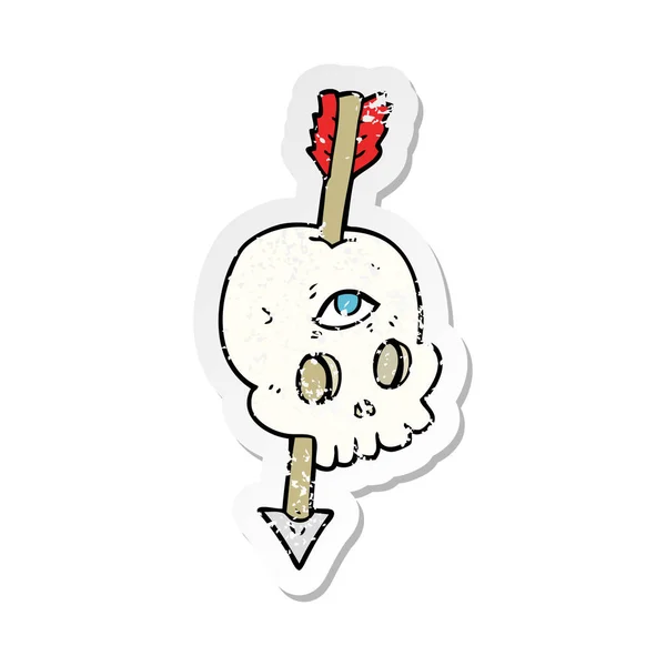 Retro distressed sticker of a cartoon magic skull with arrow thr — Stock Vector