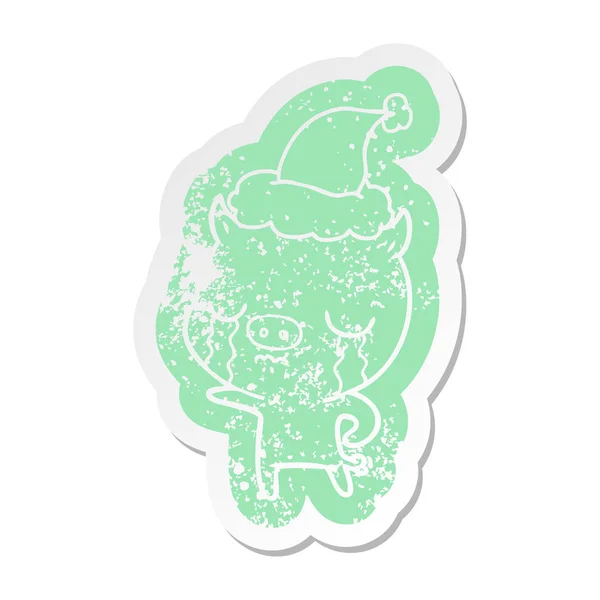 Desenho animado adesivo angustiado de um porco chorando usando chapéu de Papai Noel —  Vetores de Stock