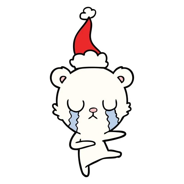 Crying Polar Bear Hand Drawn Line Drawing Wearing Santa Hat — Stock Vector