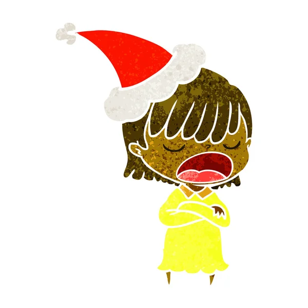 Ručně Tažené Retro Kreslený Ženy Mluví Hlasitě Nosit Klobouk Santa — Stockový vektor
