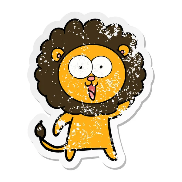 Verontruste sticker van een happy cartoon-Leeuw — Stockvector