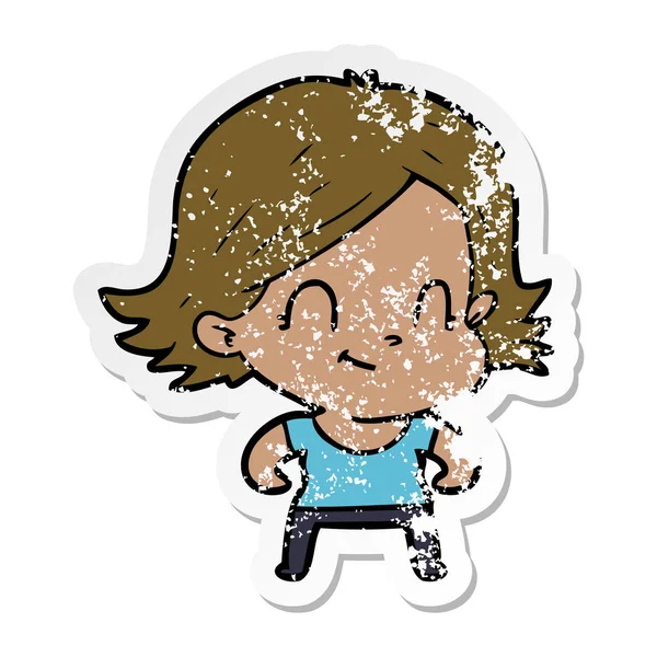 Distressed Sticker Cartoon Friendly Girl — Stock Vector