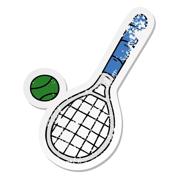 Handritad Nödställda Klistermärke Cartoon Doodle Tennisracket Och Boll — Stock vektor