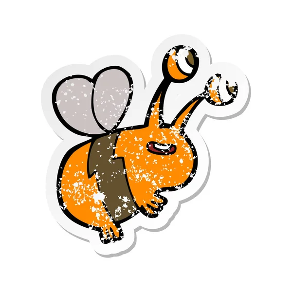 Retro Distressed Sticker Cartoon Happy Bee — Stock Vector