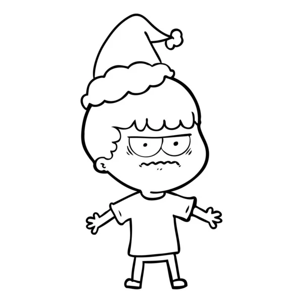 Лінійний малюнок сердитого чоловіка в капелюсі Санта — стоковий вектор