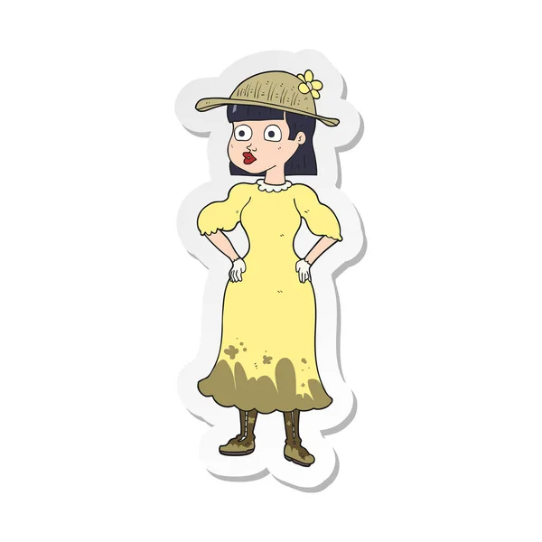 一个穿着泥泞衣服的卡通女人的贴纸 — 图库矢量图片