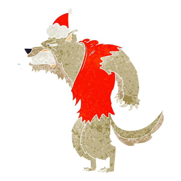 Angry Werewolf Hand Drawn Retro Cartoon Wearing Santa Hat — Stock Vector