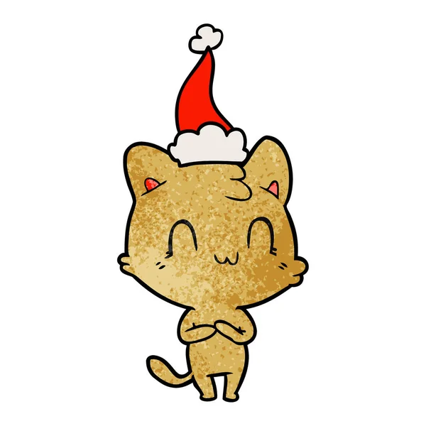 Handgezeichneter Texturierter Cartoon Einer Glücklichen Katze Mit Weihnachtsmütze — Stockvektor