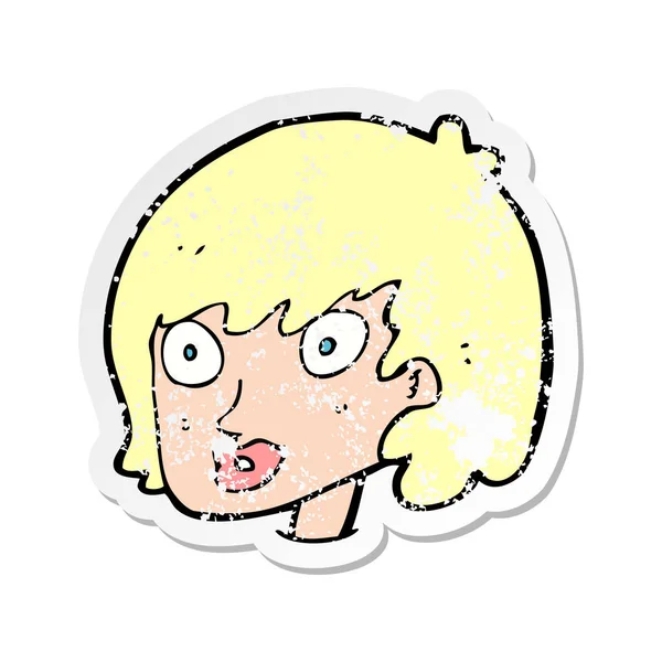 Bir Karikatür Mutlu Kadın Yüzü Retro Sıkıntılı Etiket — Stok Vektör