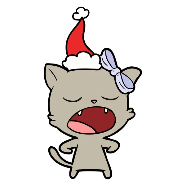 Línea de dibujo de un gato bostezo con sombrero de santa — Vector de stock