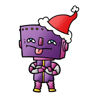 Noel Baba şapkası giyen bir robot degrade çizgi film el çekilmiş