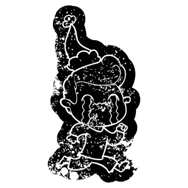 çizgi film sıkıntılı simgesi giyen Noel Baba şapkası ağlayan bir adam