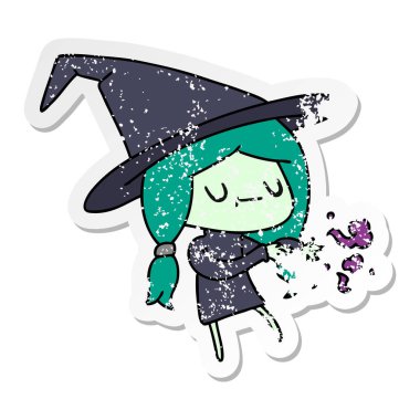 serbest el çekilmiş sıkıntılı etiket karikatür şirin kawaii cadı