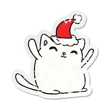 Noel sıkıntılı etiket karikatür kawaii kedi el çekilmiş