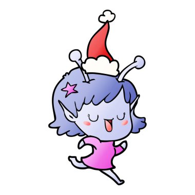 mutlu uzaylı kız degrade çizgi film giyen Noel Baba şapkası