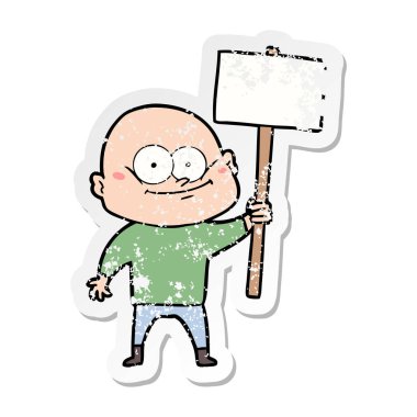 sıkıntılı etiket işareti ile bakan bir karikatür kel adam