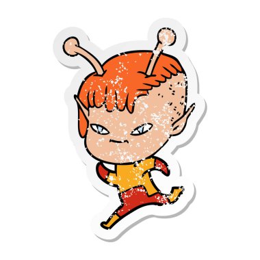 bir sevimli çizgi uzaylı kızın sıkıntılı etiket