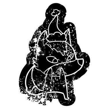 Noel Baba şapkası giyen bir kurt utangaç karikatür sıkıntılı simgesi