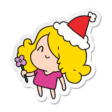 Noel etiket karikatür kawaii kız el çekilmiş