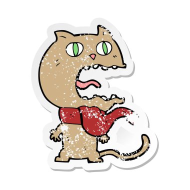 Retro sıkıntılı etiket bir çizgi film korkmuş kedi