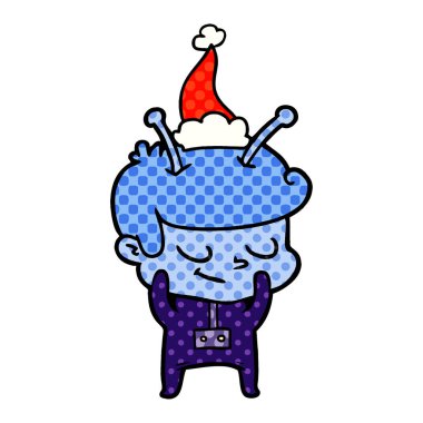 Noel Baba şapkası giyen bir uzaylı çizgi roman tarzı çizimi utangaç el çekilmiş