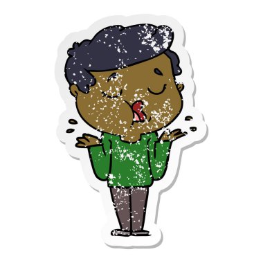 bir çizgi film adam konuşuyor ve omuzlarında shrugging sıkıntılı etiket