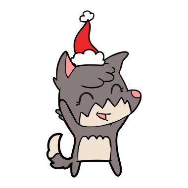 mutlu el çizim için Noel Baba şapkası giyen bir tilkinin çekilmiş