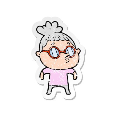 gözlük takan bir karikatür kadının sıkıntılı etiket