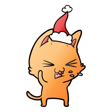 el bir kedi giyen Noel Baba şapkası tıslama degrade çizgi film çekilmiş