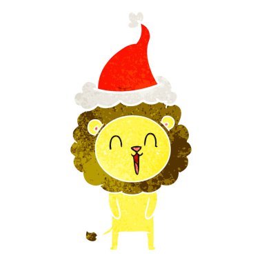 gülen aslan giyen Noel Baba şapkası çizilmiş retro karikatür el