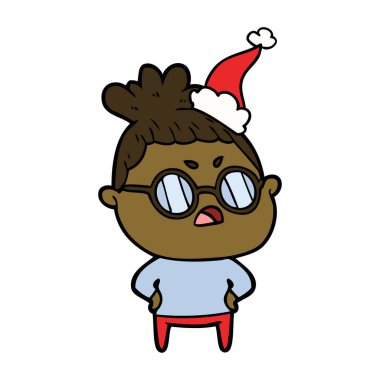 çizim için Noel Baba şapkası giyen rahatsız bir kadının el çekilmiş