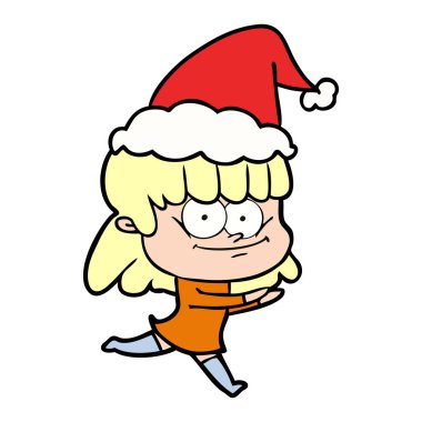 Noel Baba şapkası giyen bir gülümseyen kadın çizgi çizme