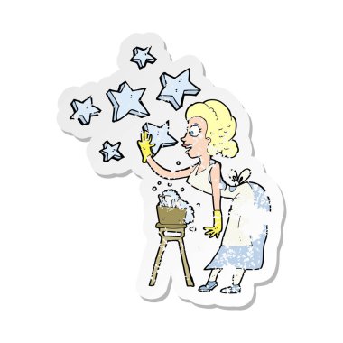 Retro bulaşık bir karikatür kadının etiket sıkıntılı