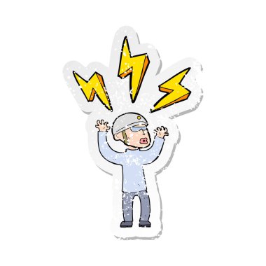 Retro sıkıntılı etiket bisikletçi adam stresli bir karikatür