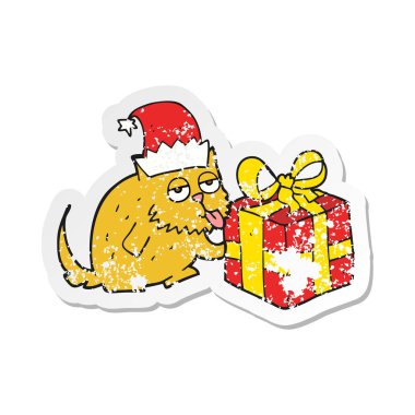 bir karikatür kedi hediye ile Retro sıkıntılı etiket