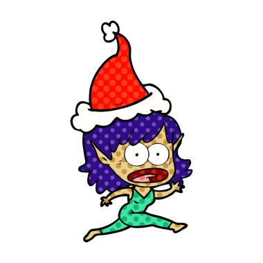 Noel Baba şapkası giyen bir şok elf kız çizgi roman tarzı çizimi el çekilmiş