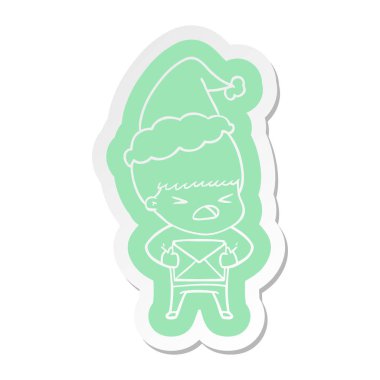 Noel Baba şapkası giyen stresli bir adamın ilginç çizgi film etiketi