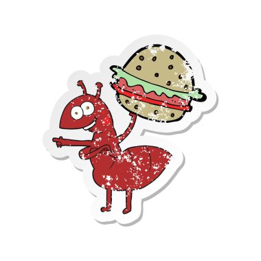 yiyecek taşıyan bir karikatür karınca Retro sıkıntılı etiket