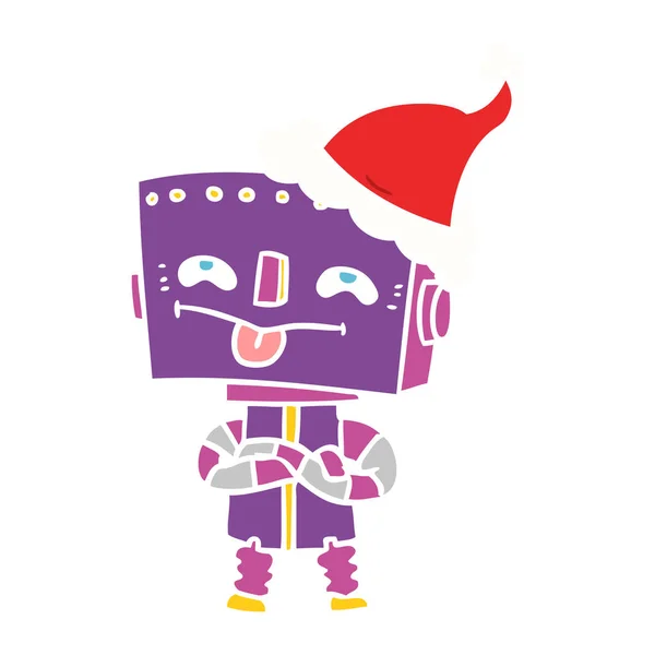 Handgezeichnete Flache Farbabbildung Eines Roboters Mit Weihnachtsmütze — Stockvektor
