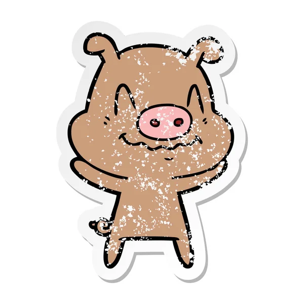 Distressed Sticker Nervous Cartoon Pig — Stock Vector
