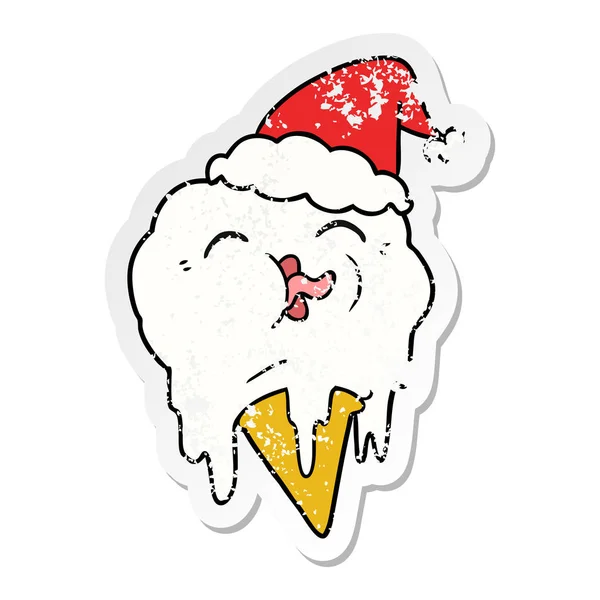 Verontruste sticker cartoon van een smeltend ijs dragen van santa — Stockvector